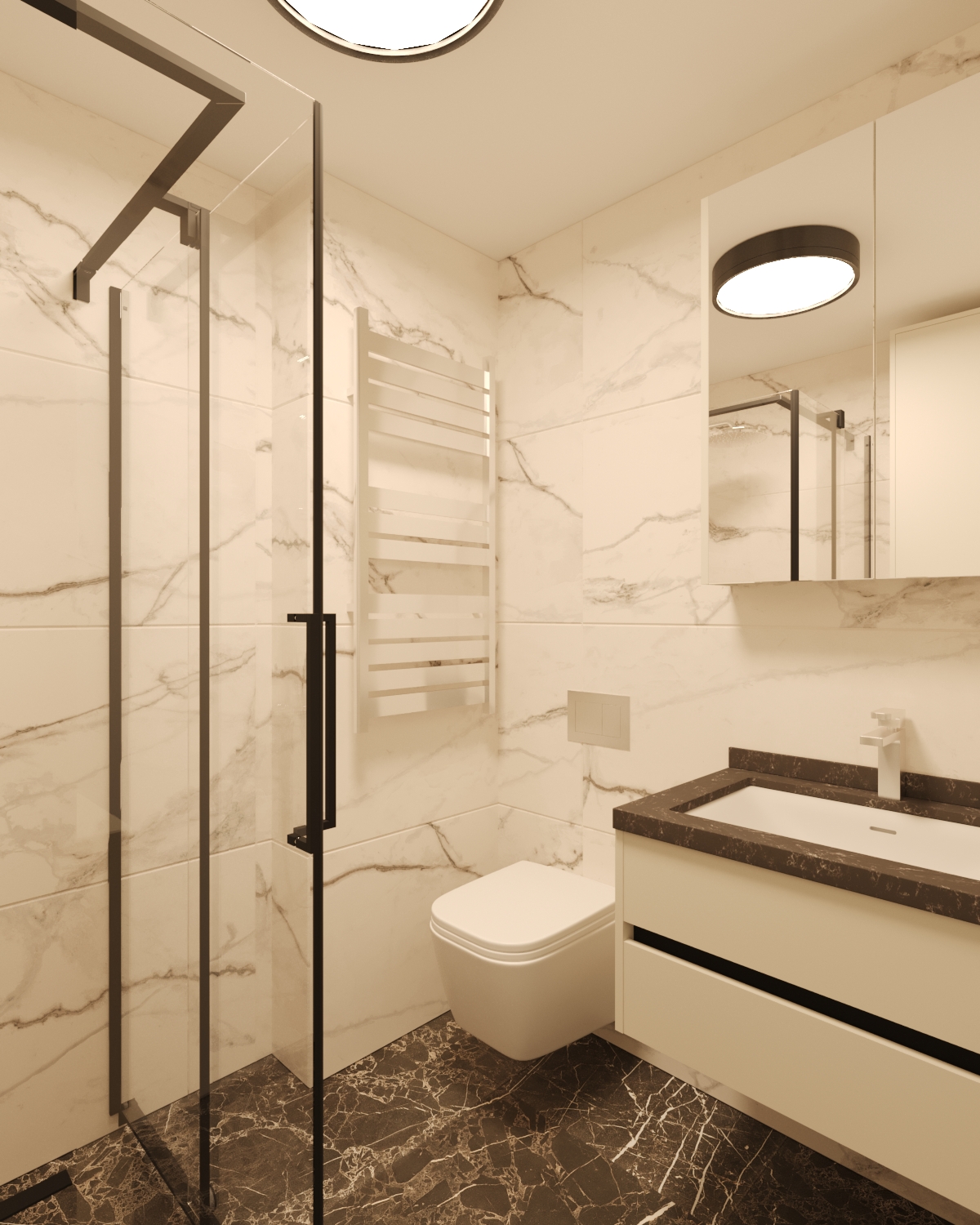 Ahşap ve Beyaz Kombinli Lavabo Banyo Dolabı Geniş Açı Renderı