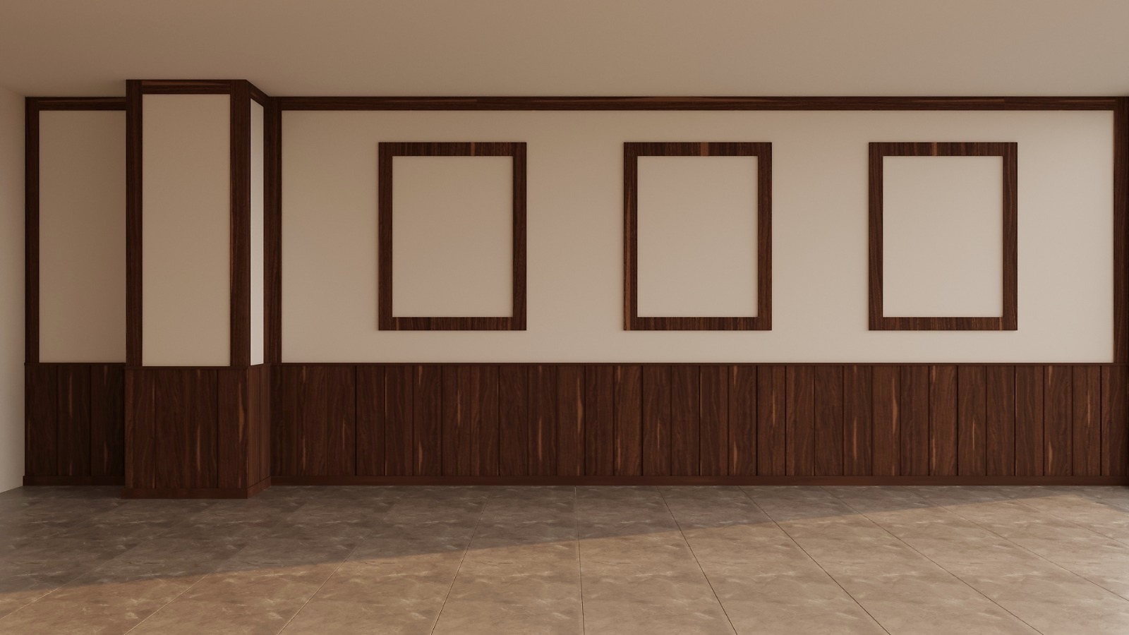 Klasik Amerikan Boiserie Doğal Ceviz Ahşap Duvar Lambrisi ve Çıtalama 3D Tasarımı